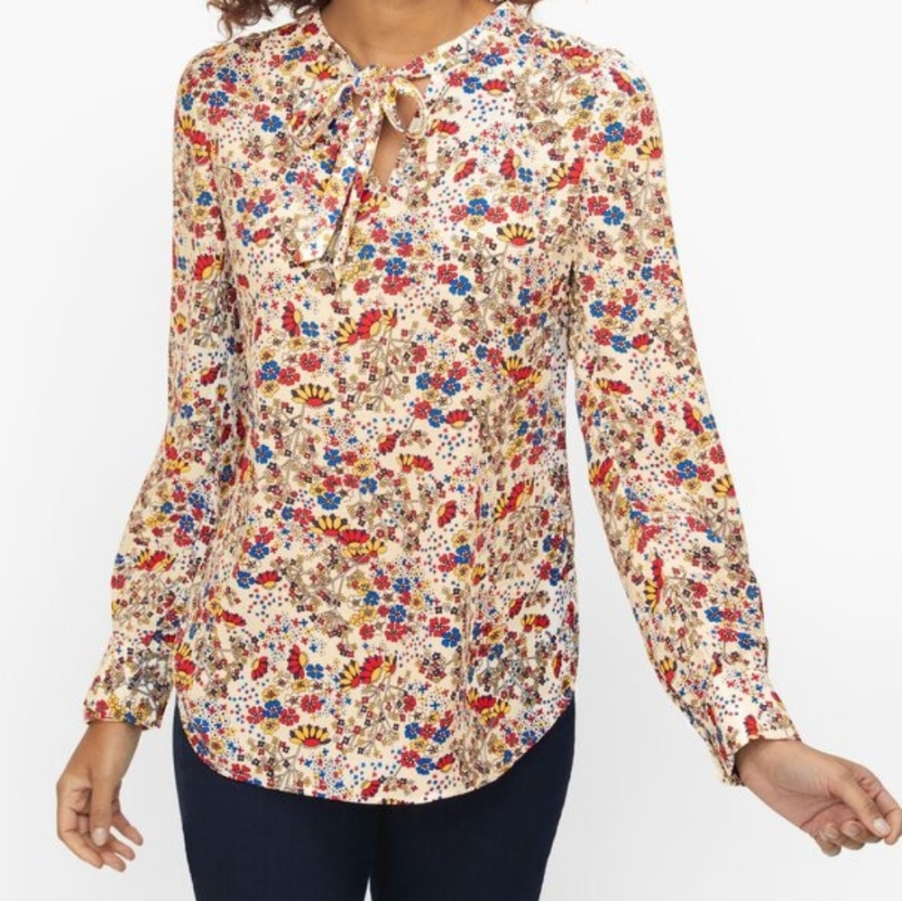 Talbots Meadow Floral Tie Neck Top Size L
